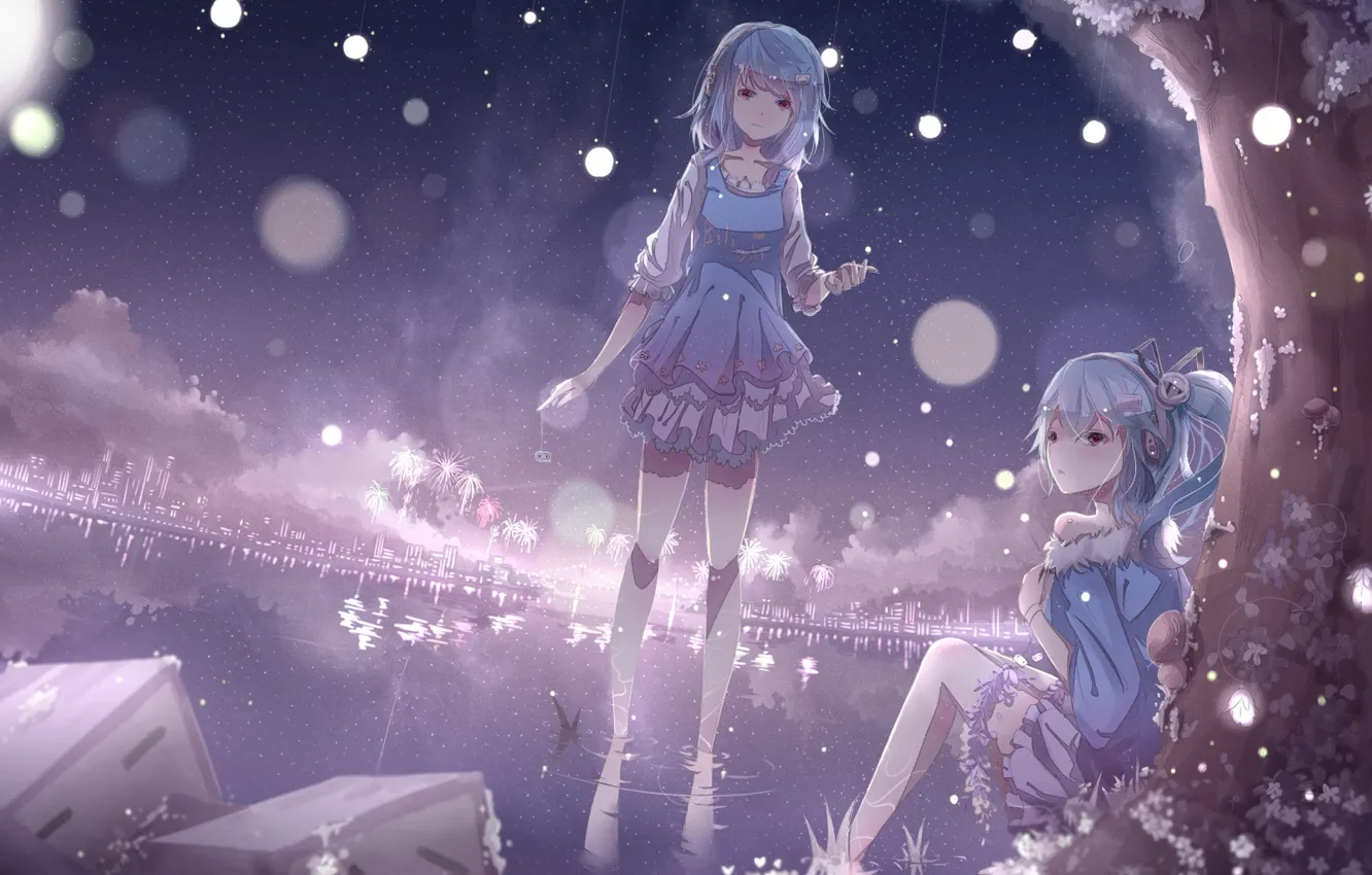 Photo wallpaper water, the city, girls, tree, home, anime, headphones, art