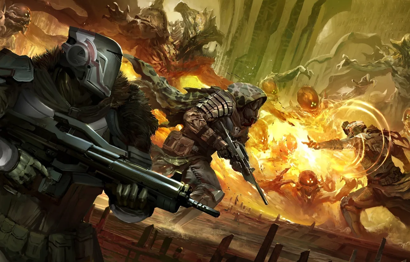 Photo wallpaper soldiers, armor, explosions, futuristic, Destiny