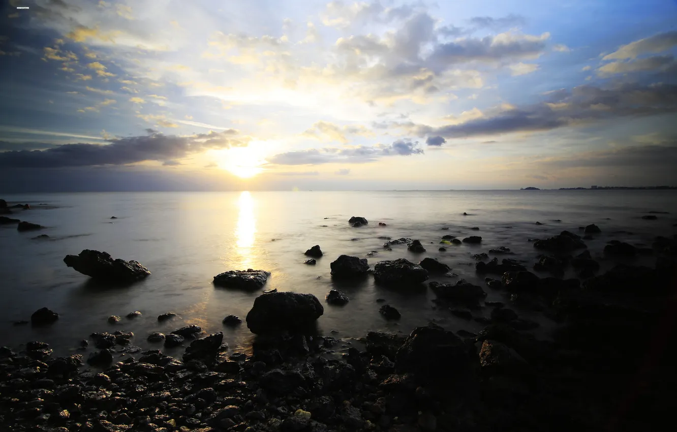 Photo wallpaper sea, beach, sunset, stones