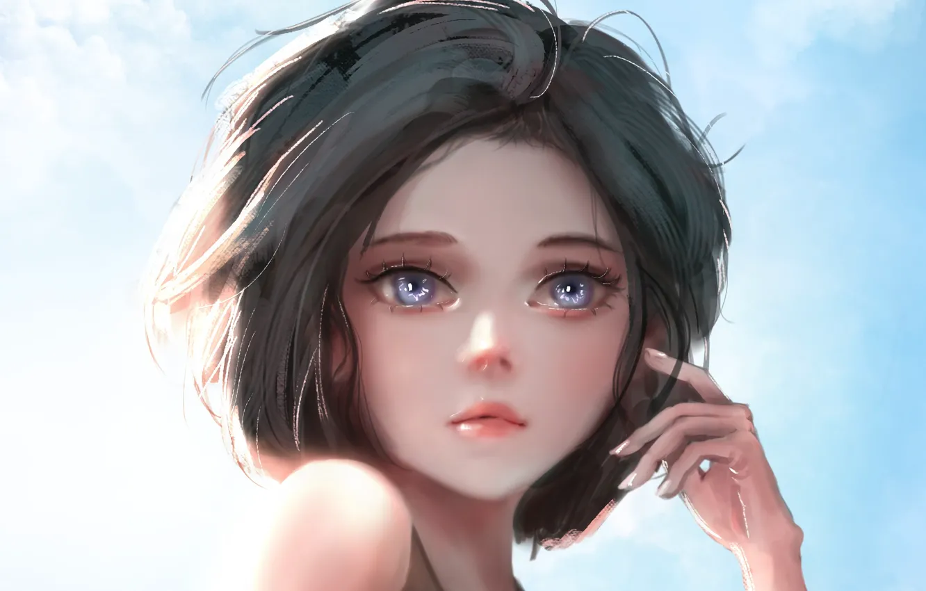 Photo wallpaper face, eyelashes, haircut, hands, brunette, blue eyes, shoulders, blue background