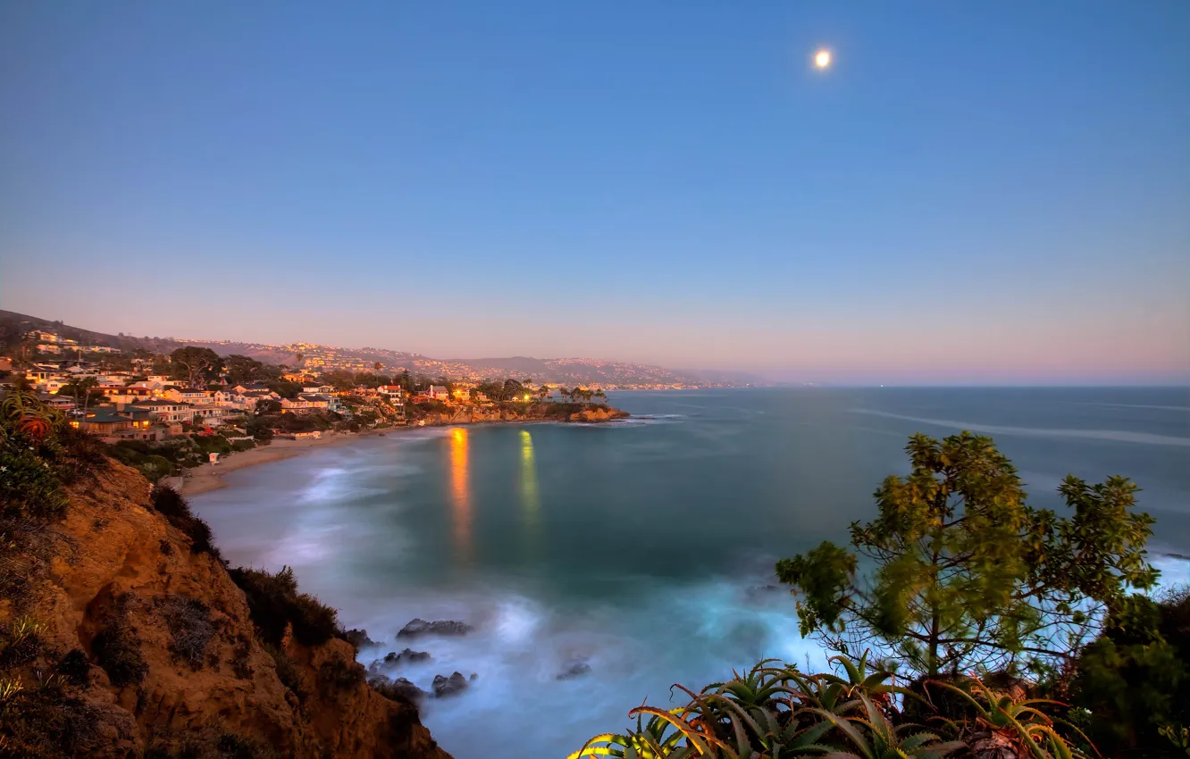 Photo wallpaper lights, the ocean, The moon, California, Laguna Beach, Crescent Bay Point Park