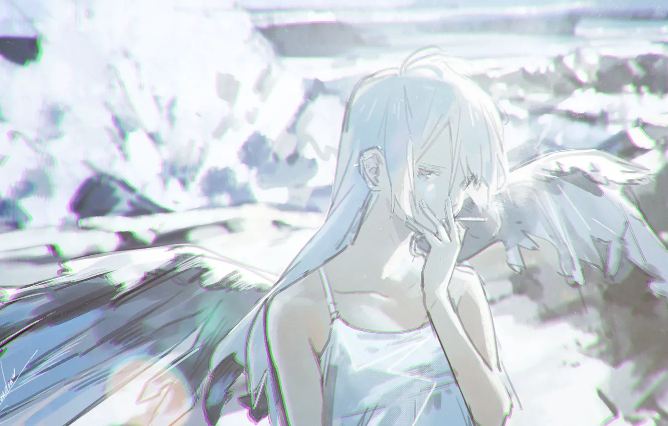 Photo wallpaper girl, angel, smokes