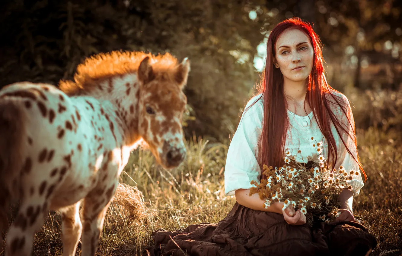 Photo wallpaper summer, girl, light, flowers, nature, mood, glade, horse