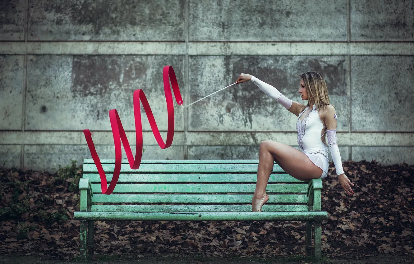 Photo wallpaper girl, pose, tape, bench, Rhythmic gymnastics