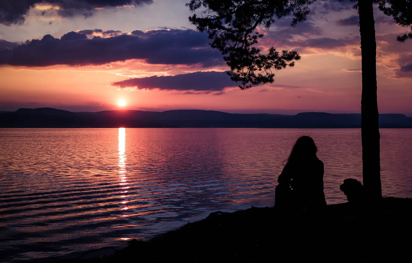 Photo wallpaper the sky, water, girl, the sun, clouds, sunset, mountains, branches