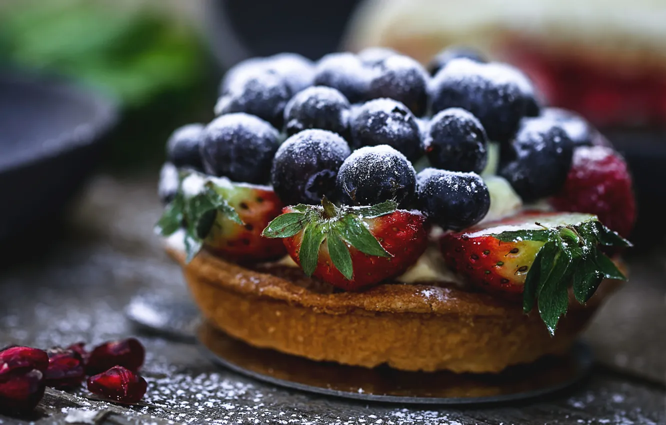 Photo wallpaper berries, table, blueberries, strawberry, pie, cake, cakes, bokeh