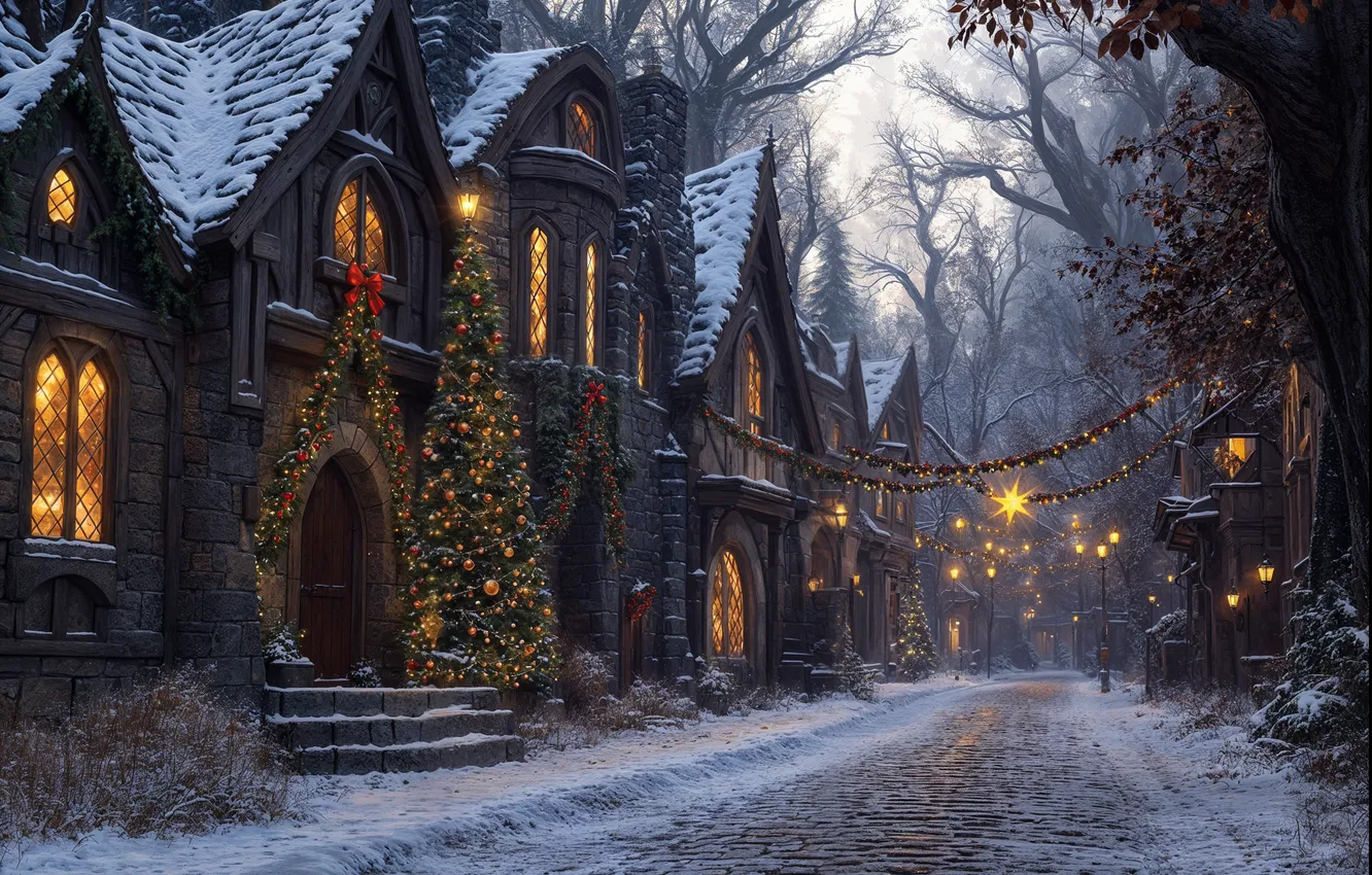 Photo wallpaper winter, road, snow, street, tree, new year, home, the evening