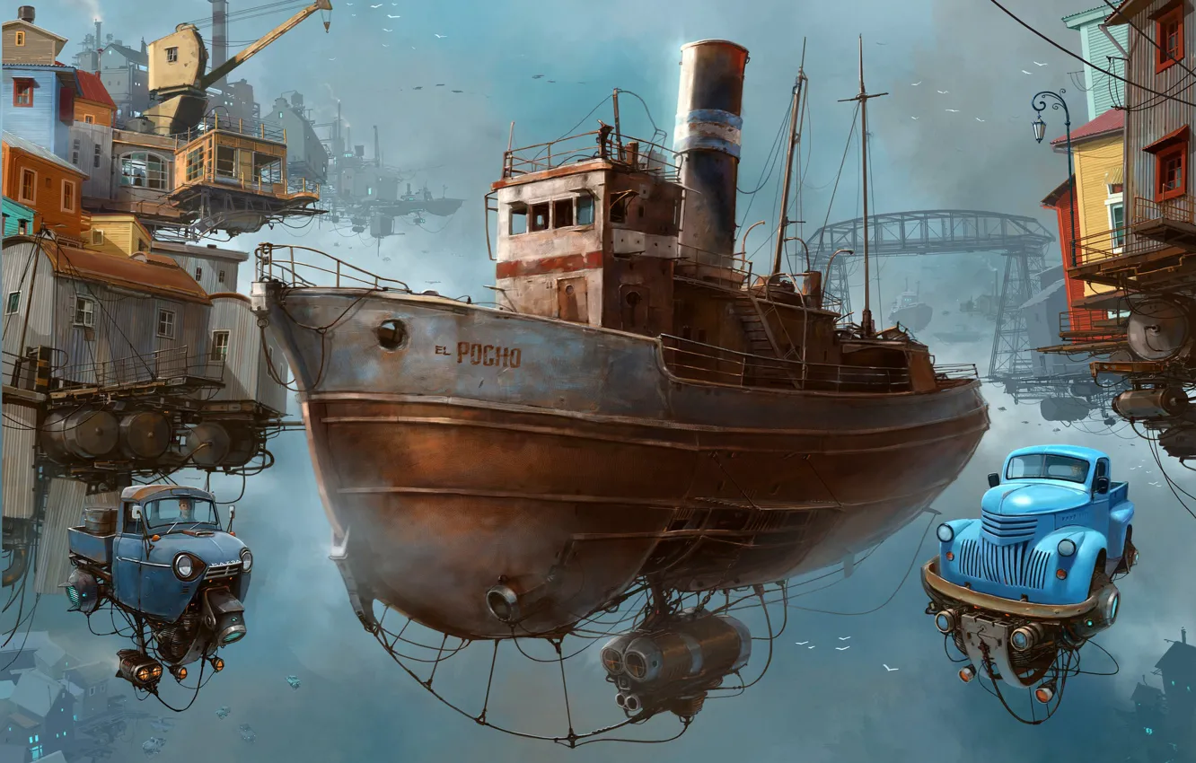 Photo wallpaper the sky, ship, car, The Boca sci-fi, Universo Chatarra