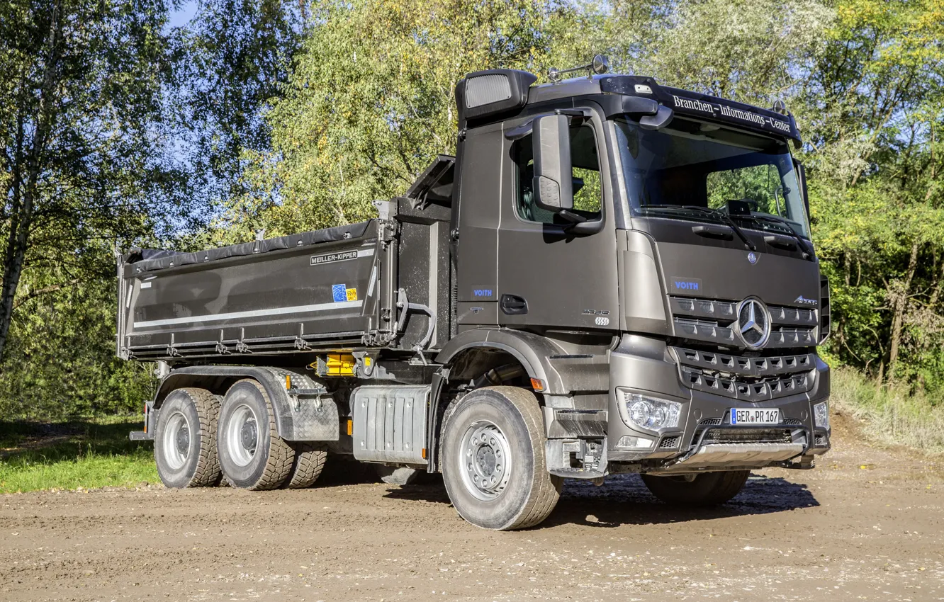 Photo wallpaper trees, earth, Mercedes-Benz, dump truck, triaxial, Arocs