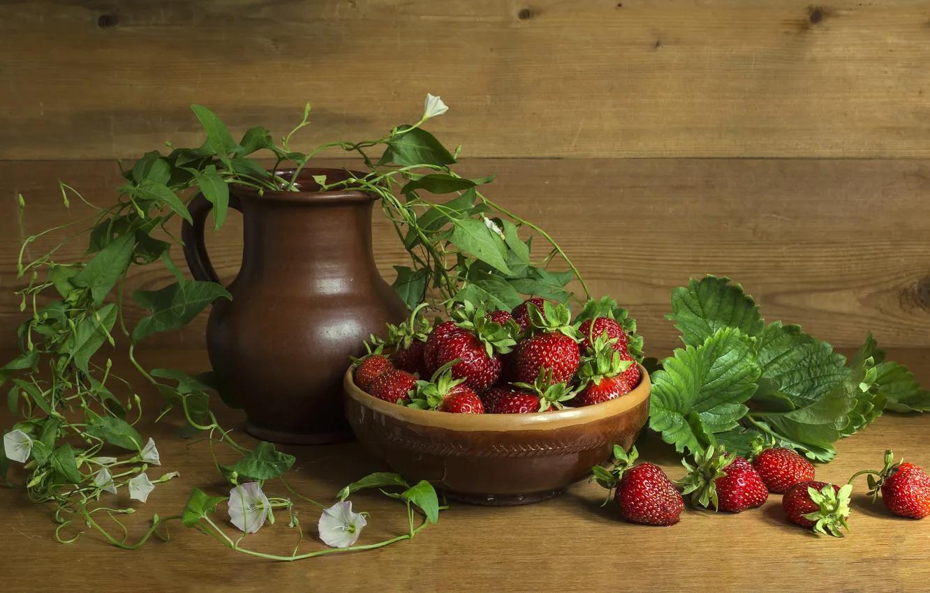 Photo wallpaper flowers, berries, strawberries, strawberry, still life