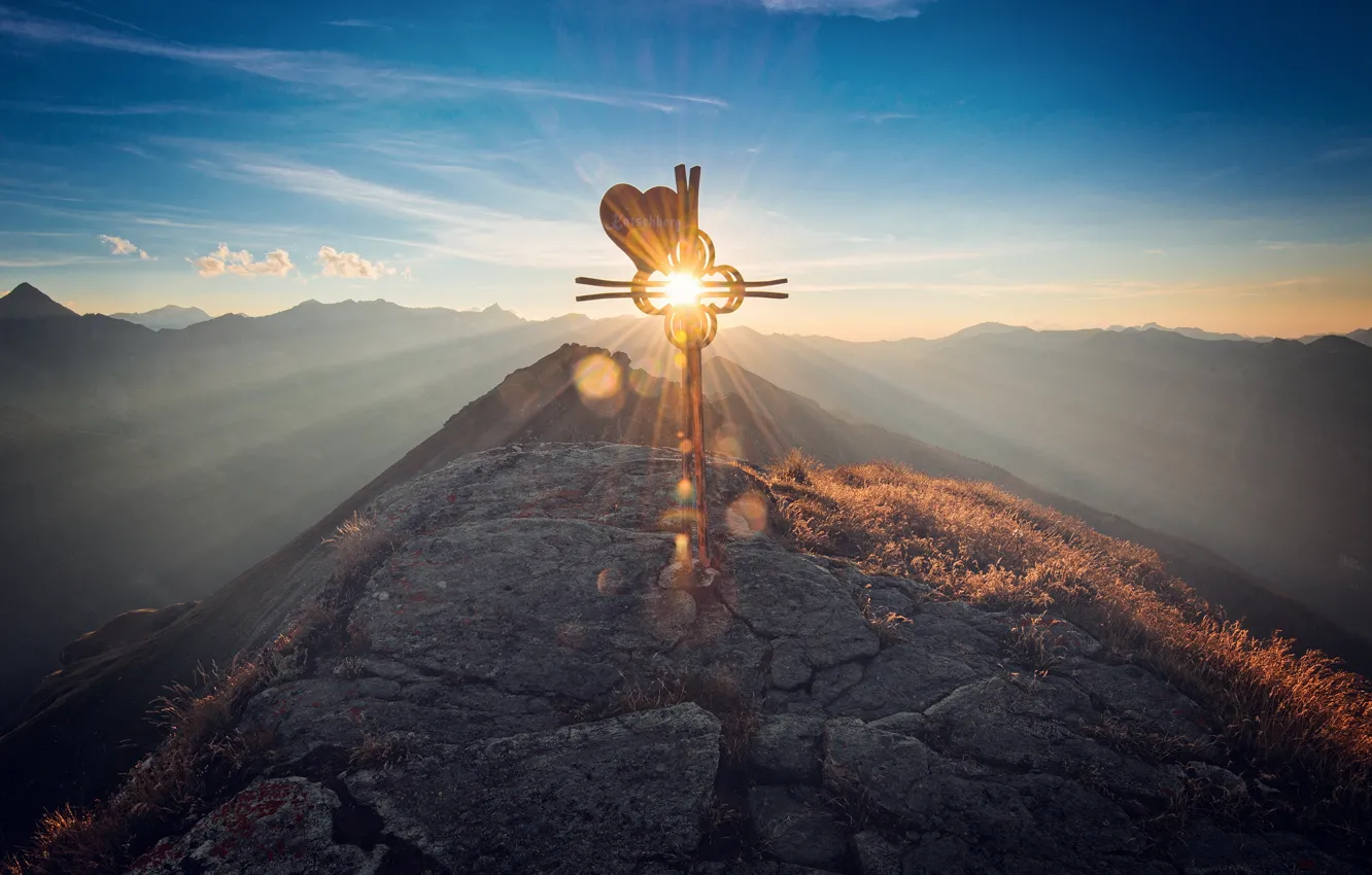 Photo wallpaper the sky, rays, mountains, glare, dawn, sign, heart, tops