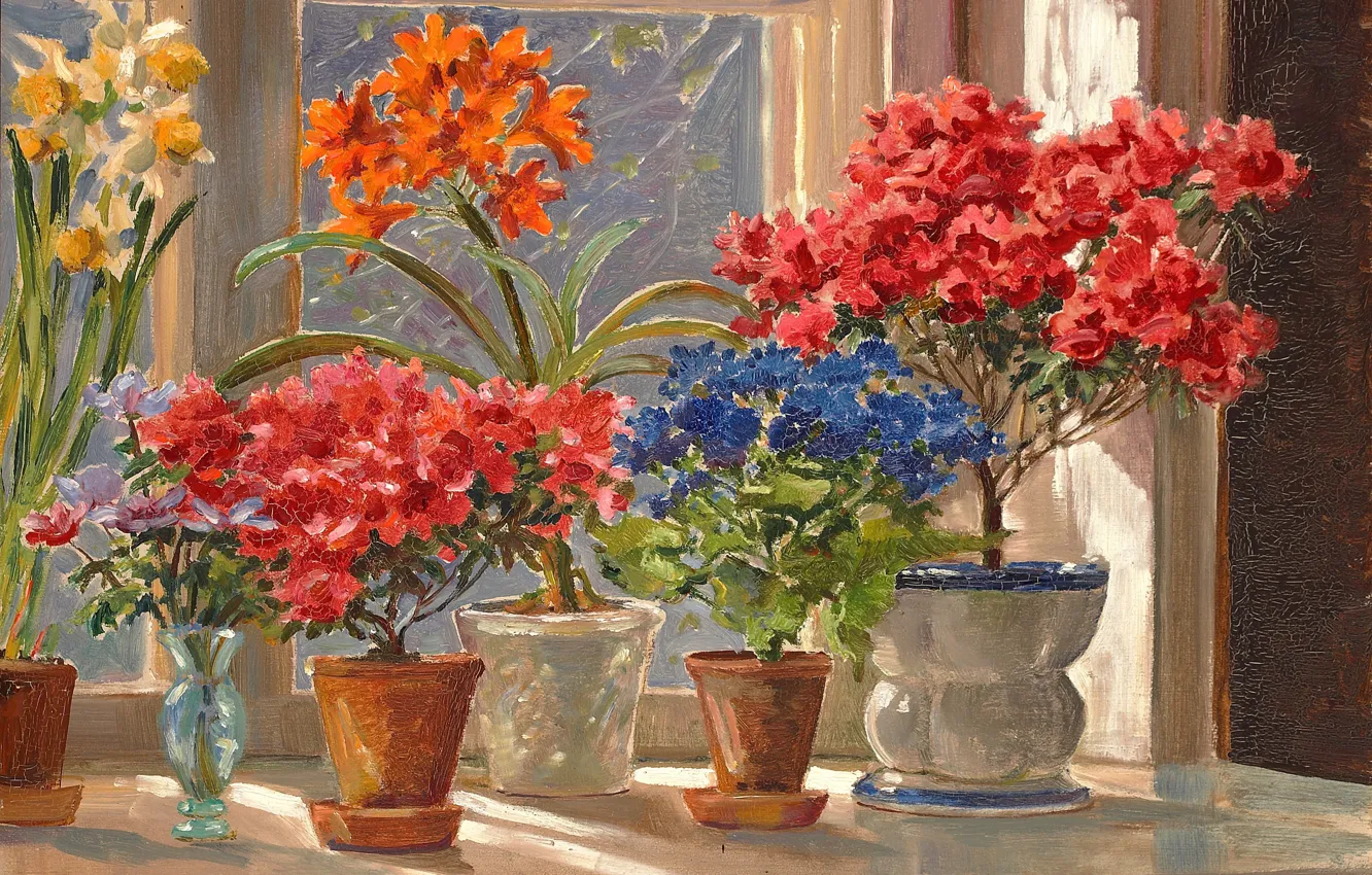 Photo wallpaper flowers, window, vase, sill, pots, Watercolor, Olga Kulikovskaya-Romanova