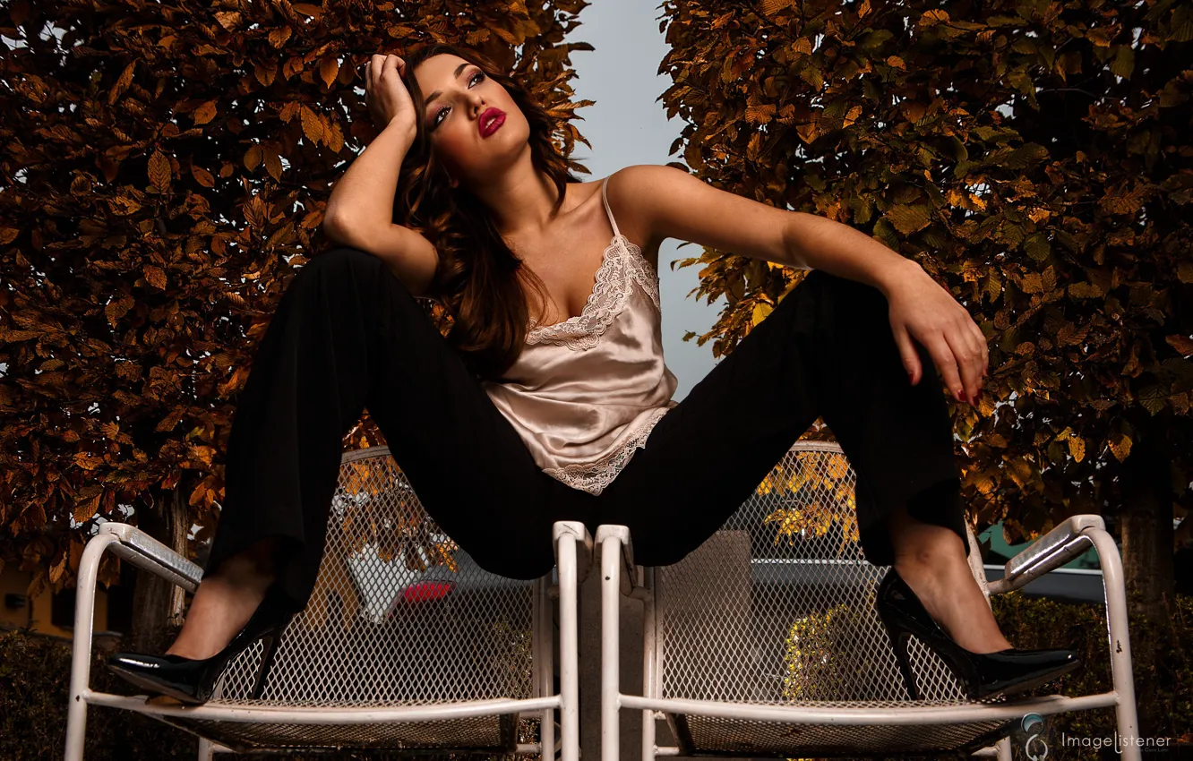 Photo wallpaper trees, pose, feet, chair, shoes, pants, Paolo Carlo Lunni, Giulia's Set