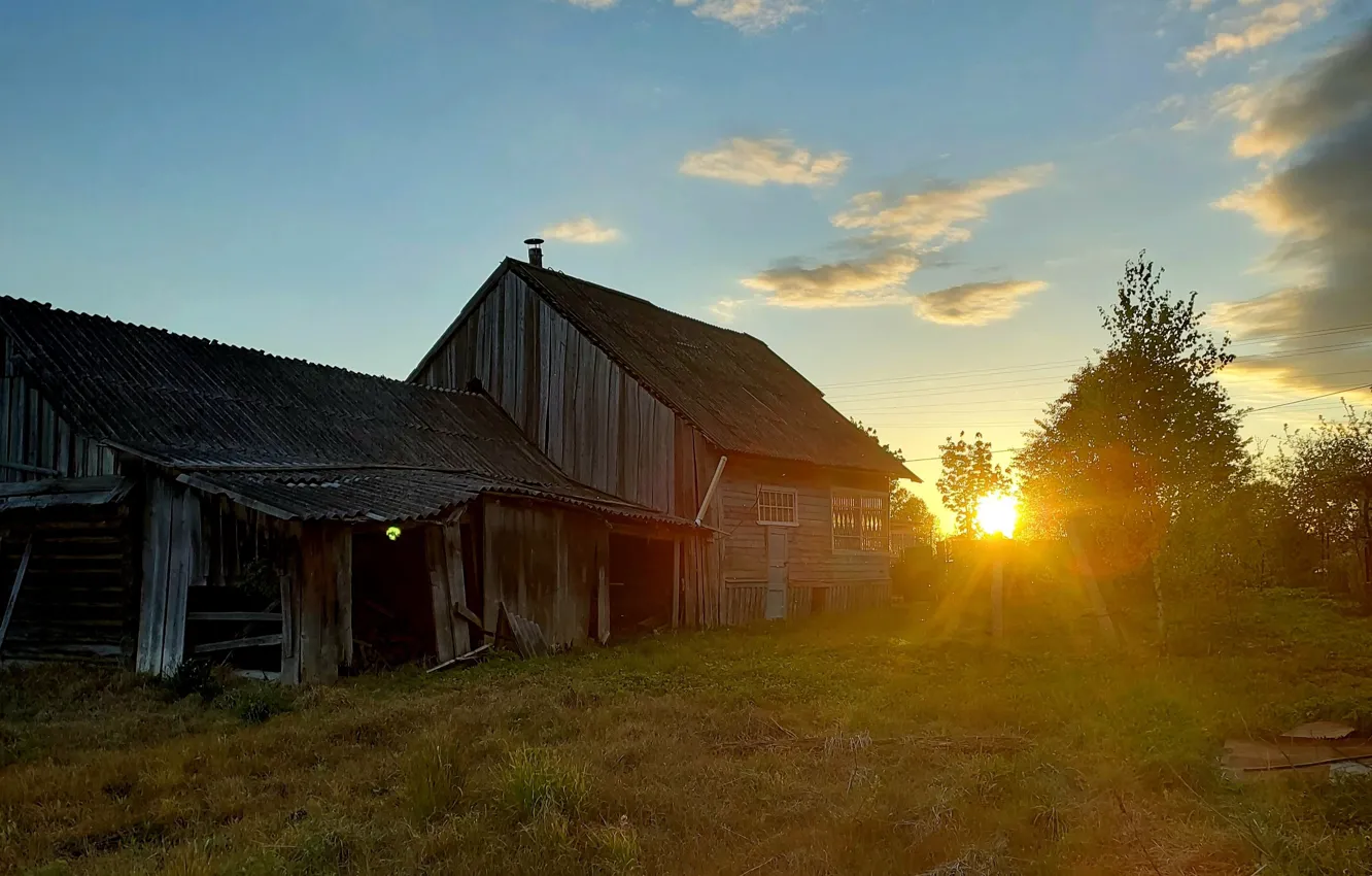 Photo wallpaper landscape, sunset, nature, village