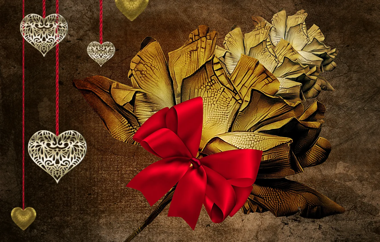 Photo wallpaper decoration, Christmas, postcard, vintage background, festive bow, Golden heart