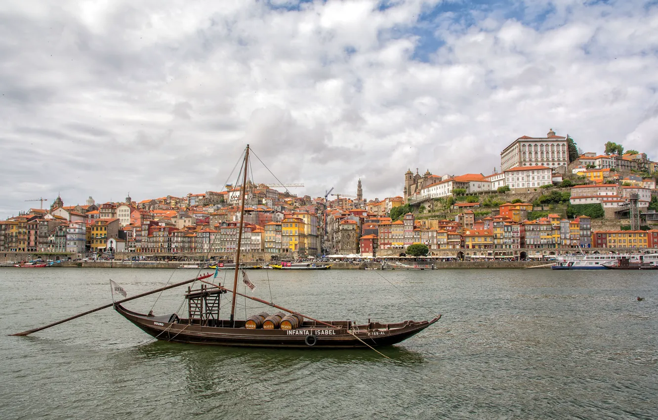 Photo wallpaper river, boat, building, home, Portugal, Portugal, Vila Nova de Gaia, Porto