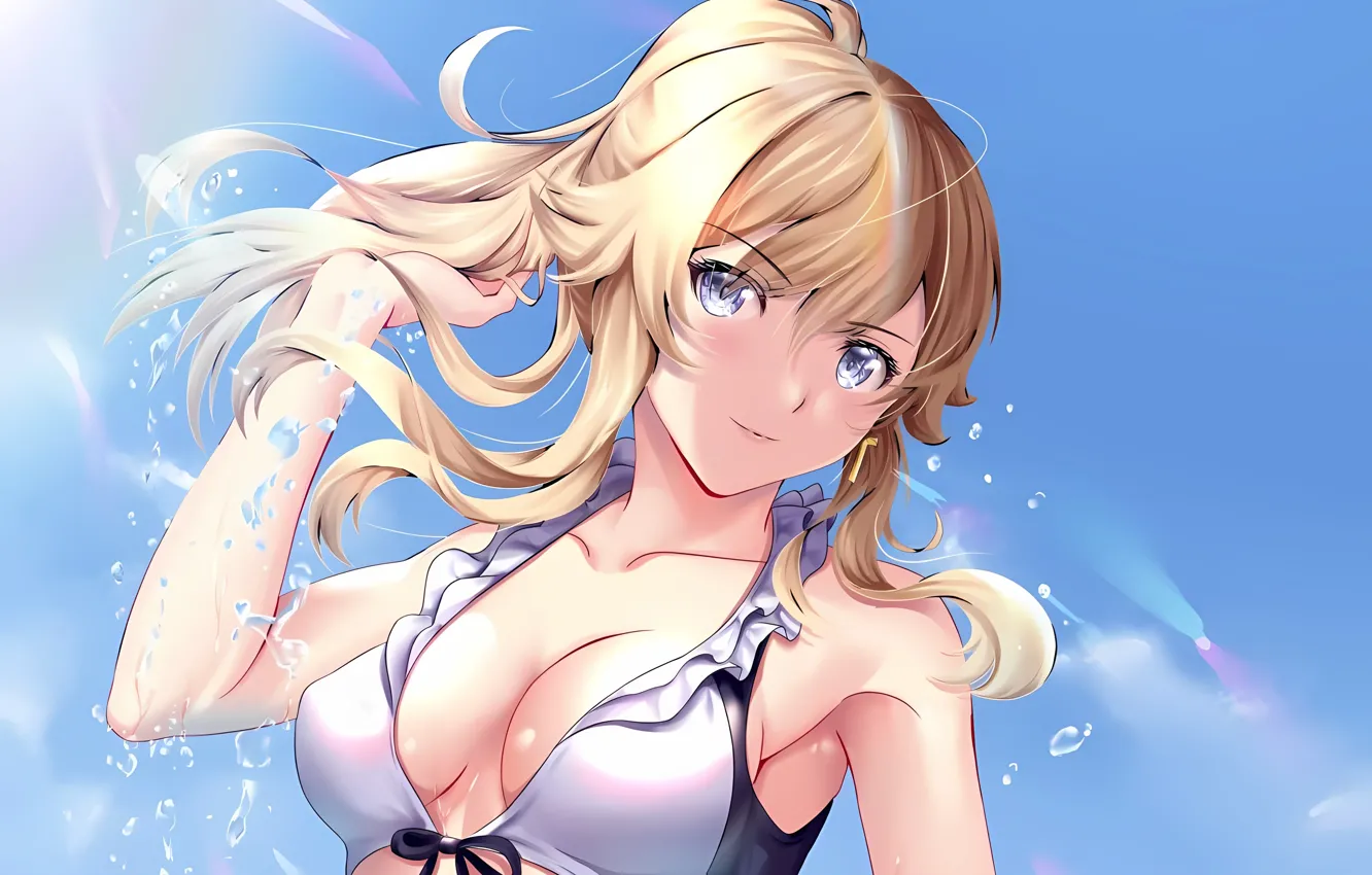 Photo wallpaper girl, sexy, cleavage, blouse, sky, long hair, boobs, anime