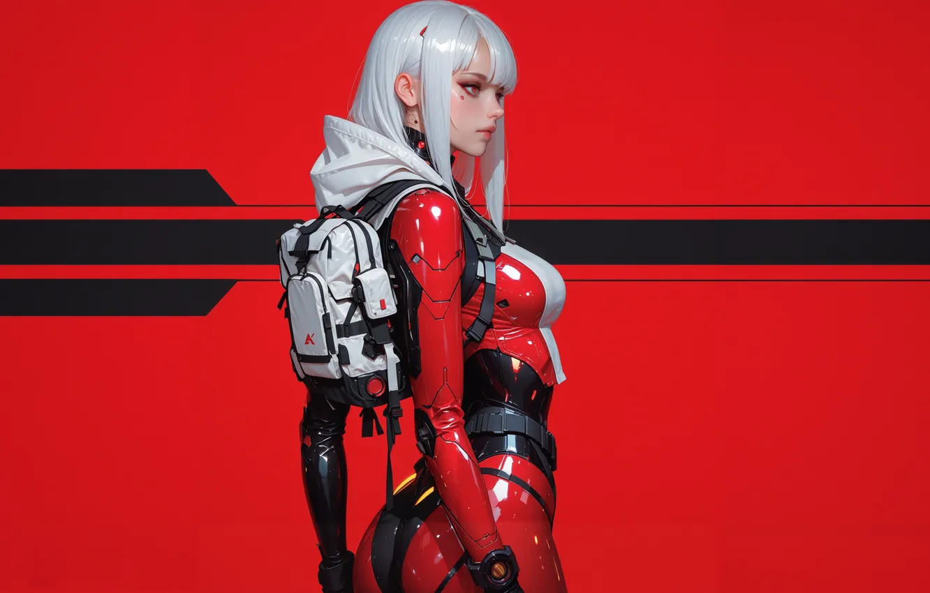 Photo wallpaper ass, anime, science fiction, white hair, Stable Diffusion, White Bodysuit, AI Art, Red Bodysuit