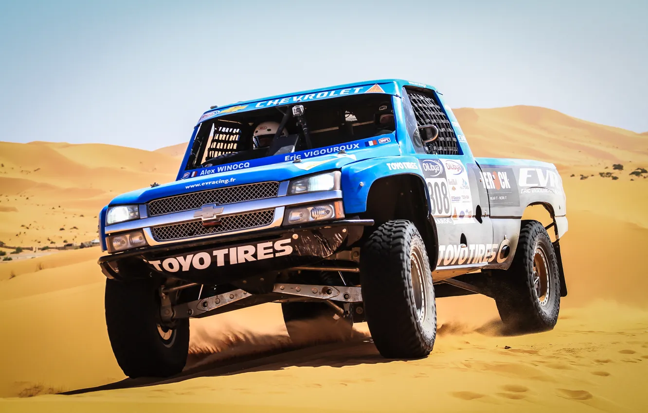 Photo wallpaper Sand, Auto, Blue, Chevrolet, Machine, Race, The hood, Day