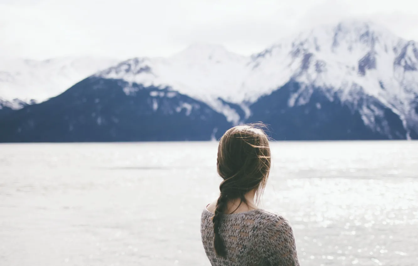 Photo wallpaper water, girl, mountains, the wind, braid, pigtail