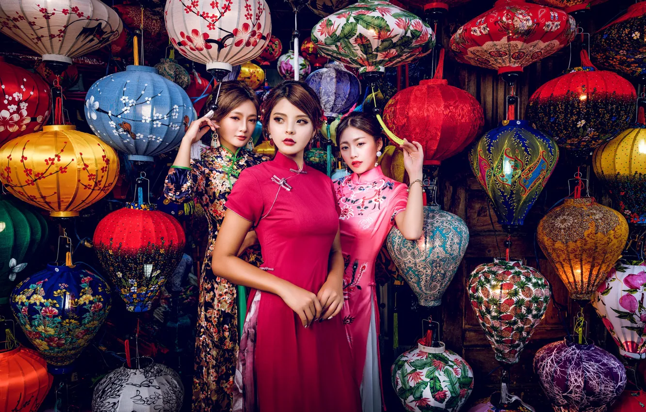 Photo wallpaper style, girls, trio, model, lanterns, Asian girls