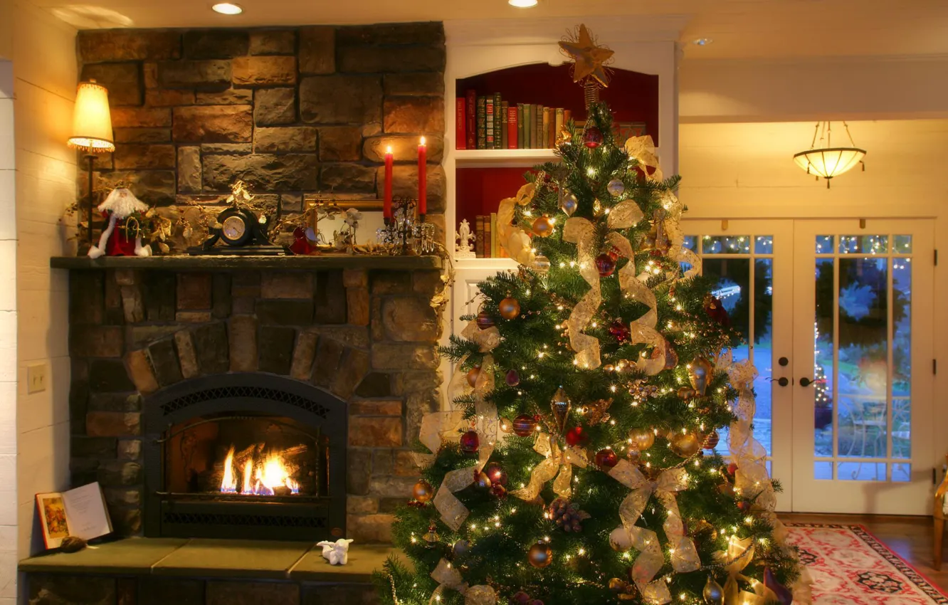 Photo wallpaper comfort, room, tree, fireplace
