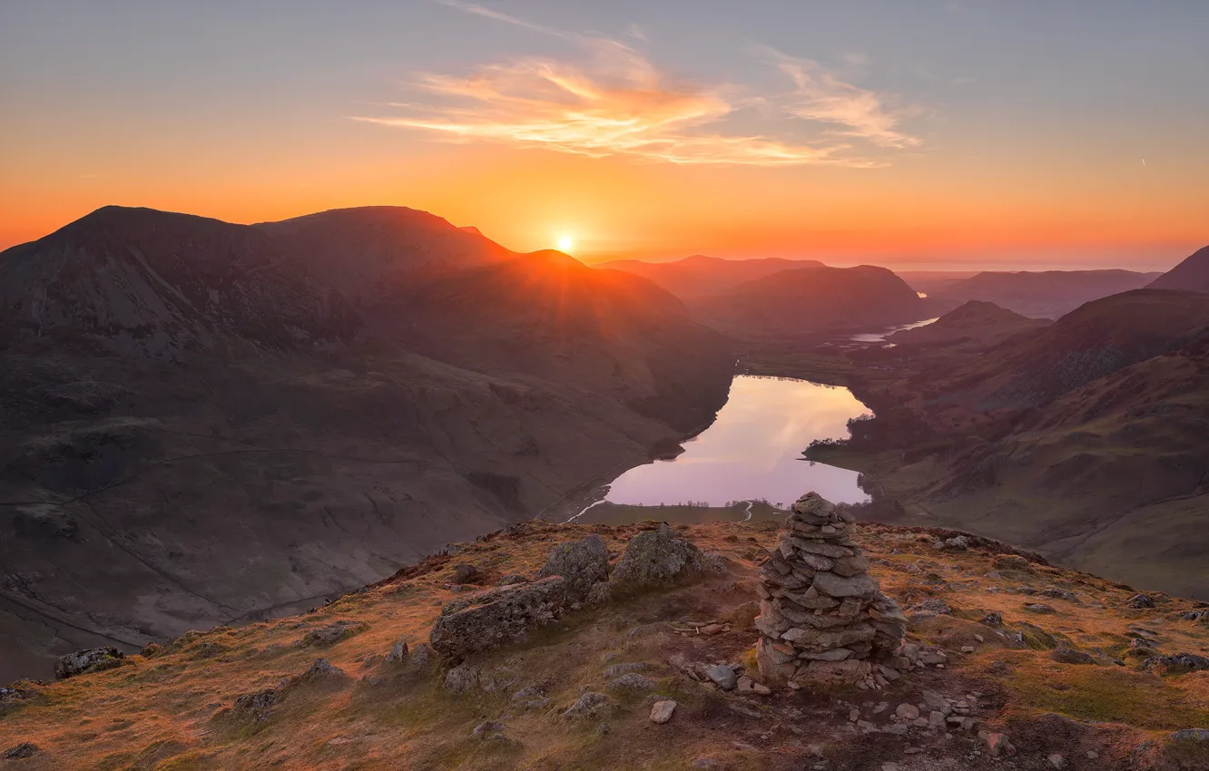 Photo wallpaper sunset, mountains, lake