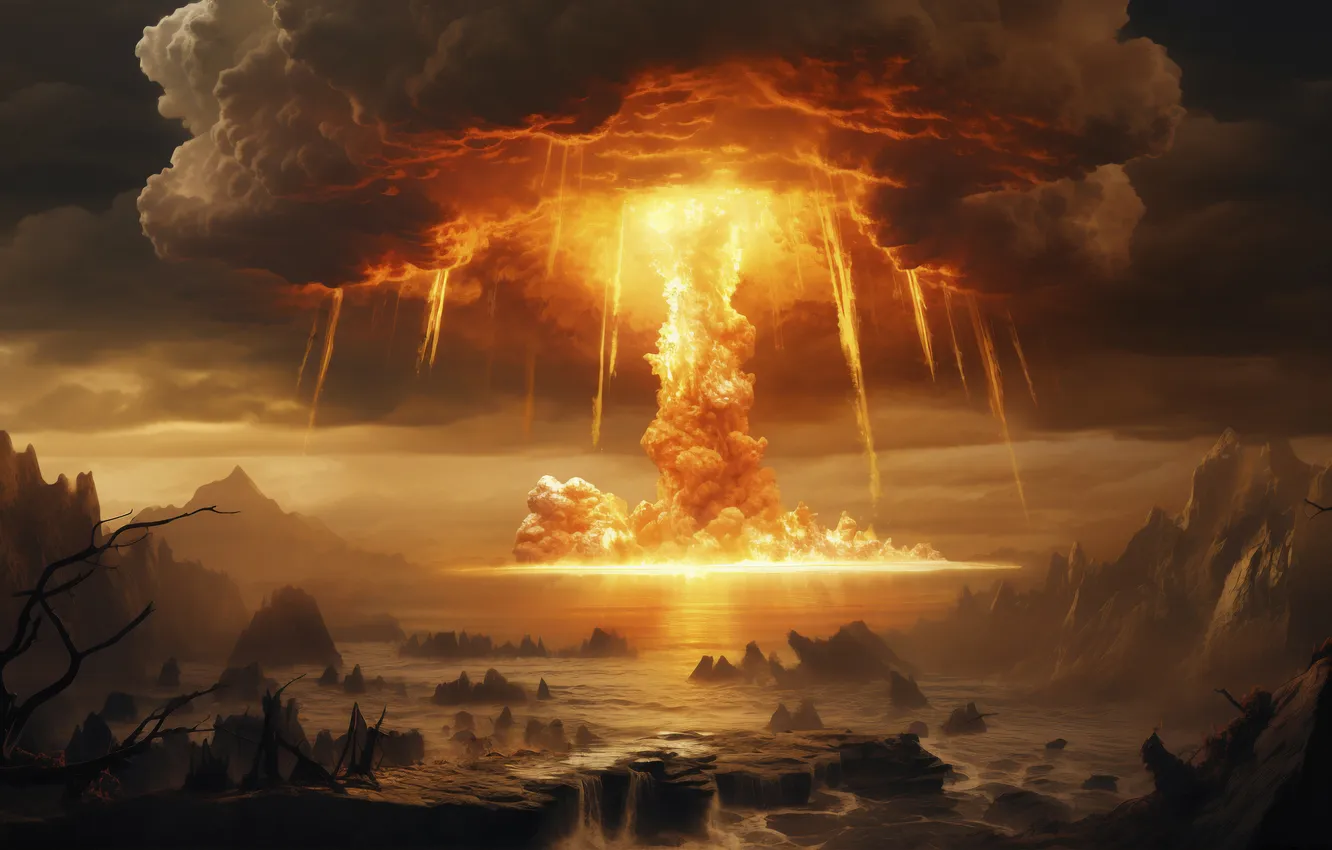 Photo wallpaper mountains, the explosion, mushrooms, a nuclear explosion, digital art, nuclear weapons, AI art, The Art …
