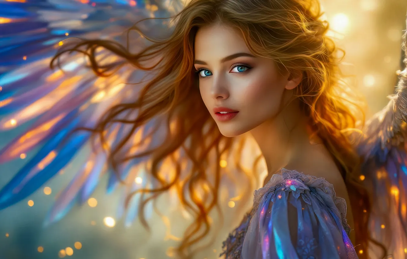 Photo wallpaper look, girl, light, glare, lights, wings, angel, feathers
