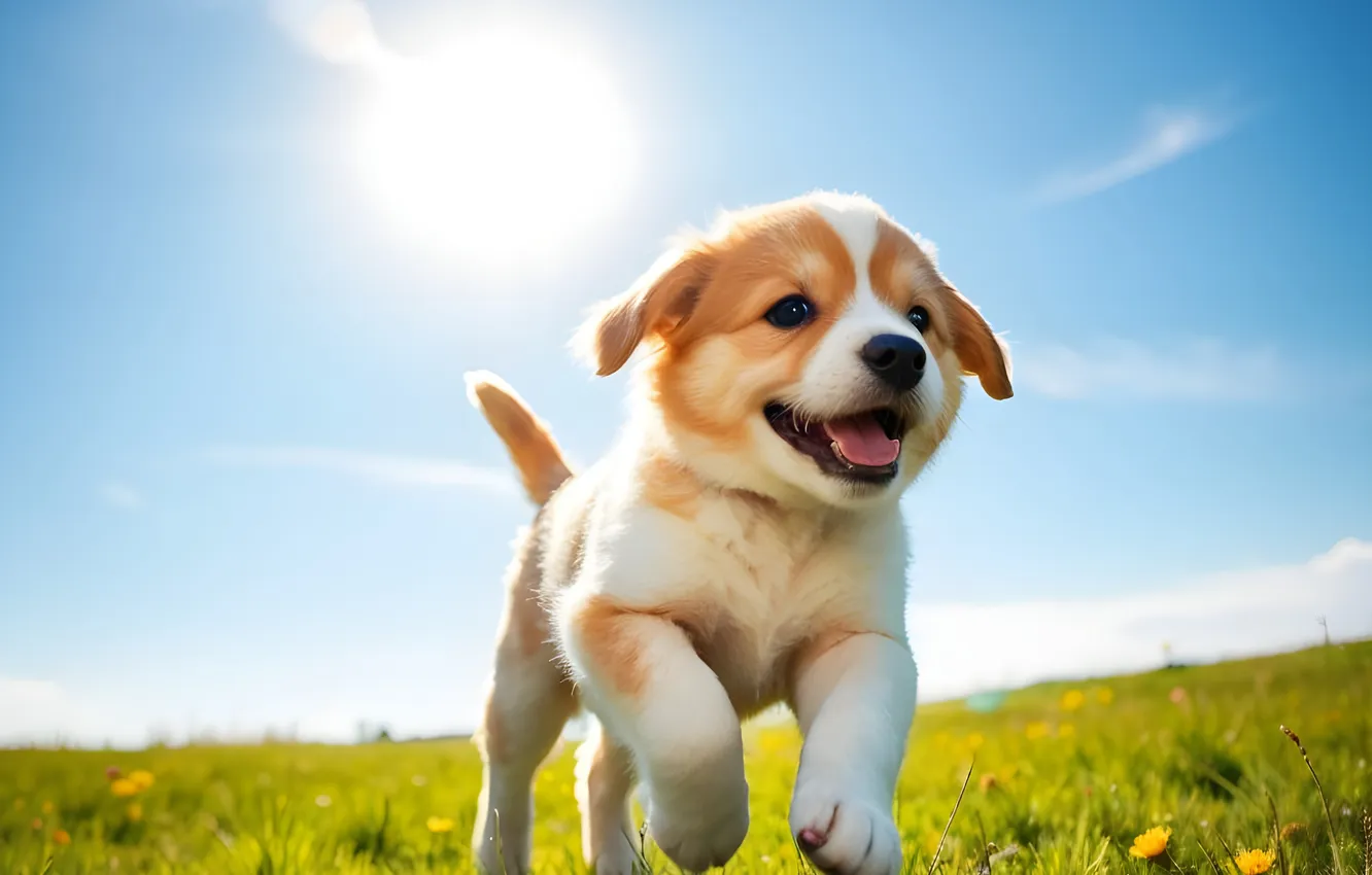 Photo wallpaper field, the sky, look, the sun, flowers, pose, blue, dog