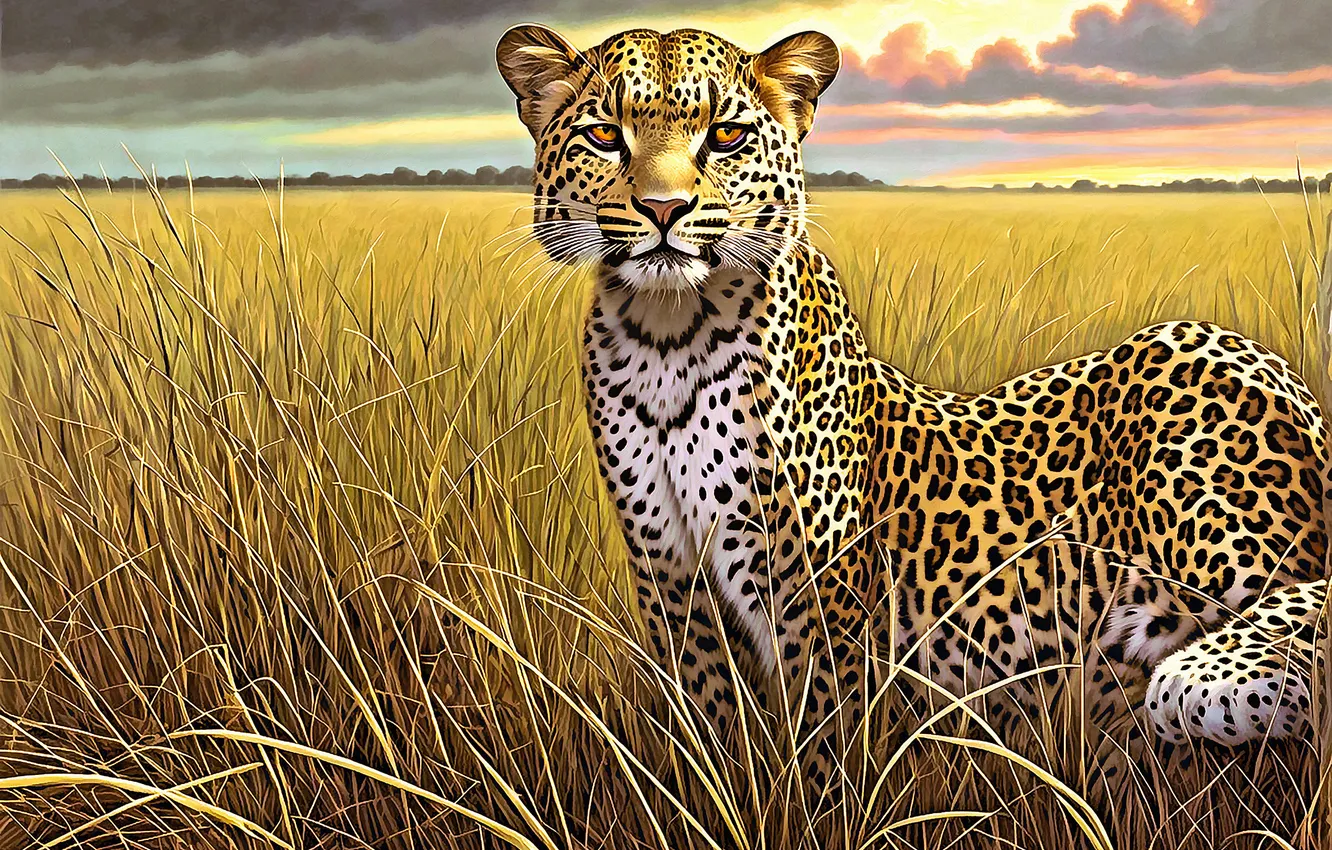 Wallpaper field, grass, look, face, clouds, nature, leopard, painting ...