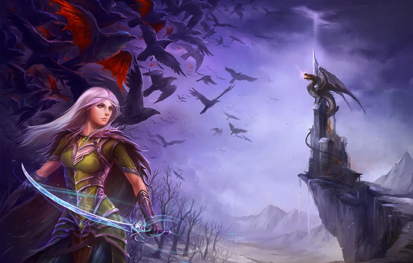 Photo wallpaper girl, weapons, castle, bird, dragon, elf, sword, elf