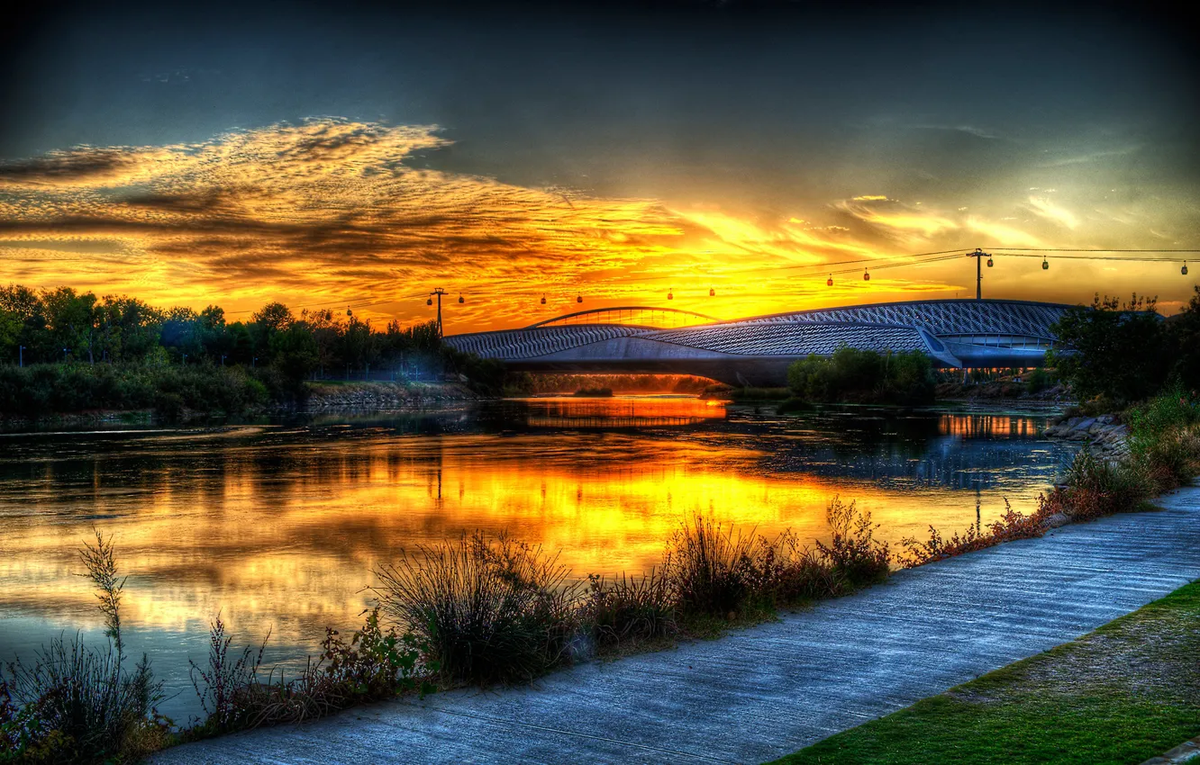 Photo wallpaper the sky, trees, sunset, bridge, river, HDR, Spain, Zaragoza