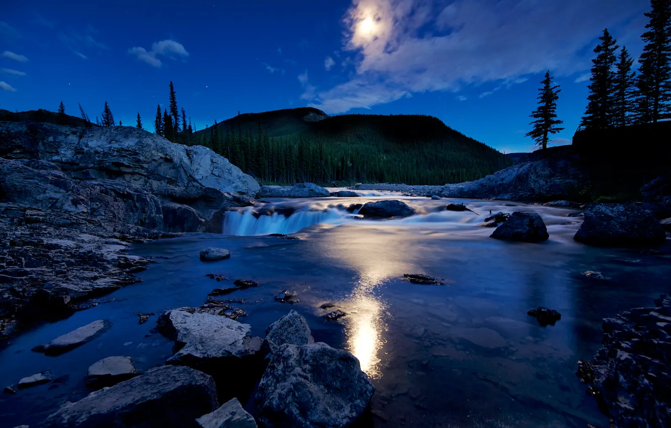 Photo wallpaper clouds, mountains, night, lake, stones, waterfall, The moon, Canada