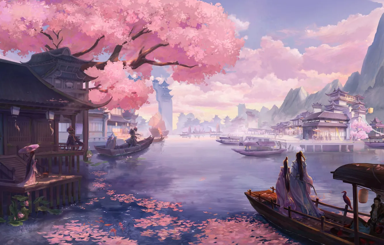 Photo wallpaper boat, people, pink clouds, the temple on the top, the cherry blossoms, gazebo on the …