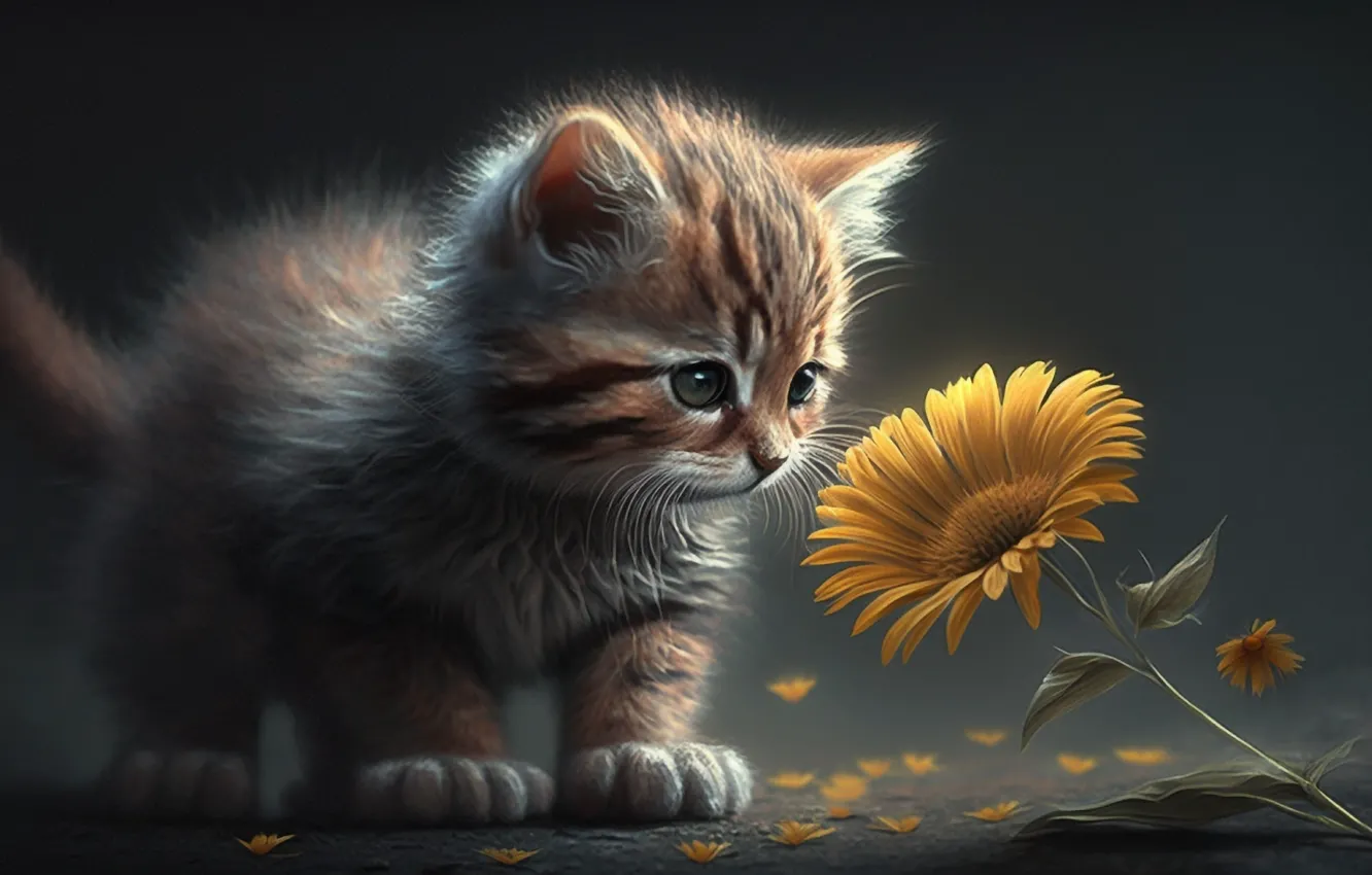 Photo wallpaper cat, flowers, kitty, digital art, AI art, The Art of Artificial Intelligence, neural network