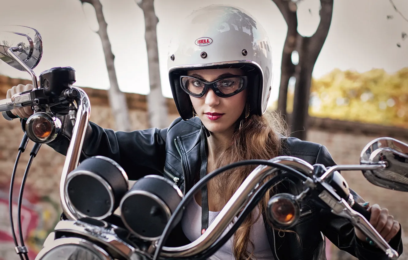 Photo wallpaper girl, face, motorcycle, helmet, leather jacket