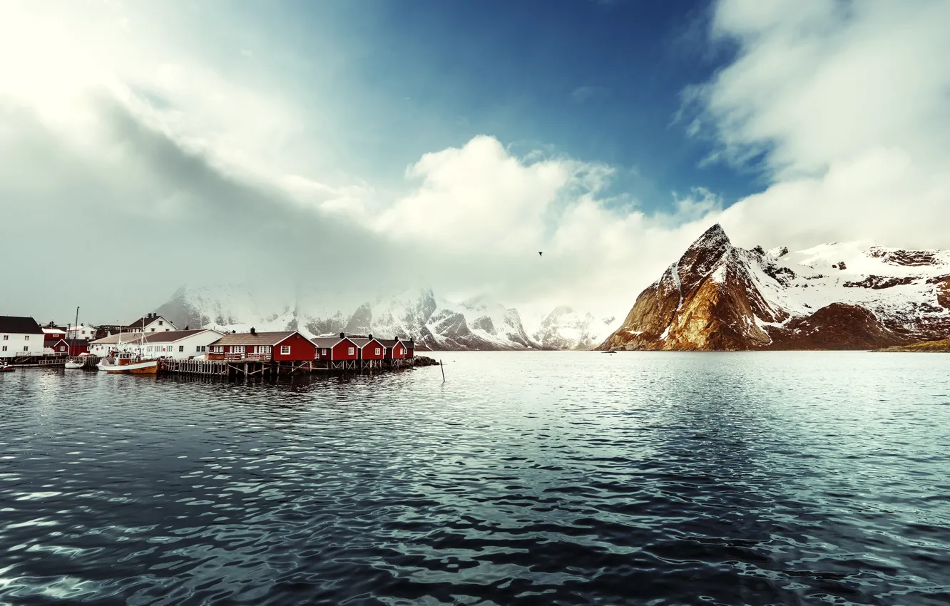 Photo wallpaper winter, the sky, clouds, mountains, boat, home, pier, Norway