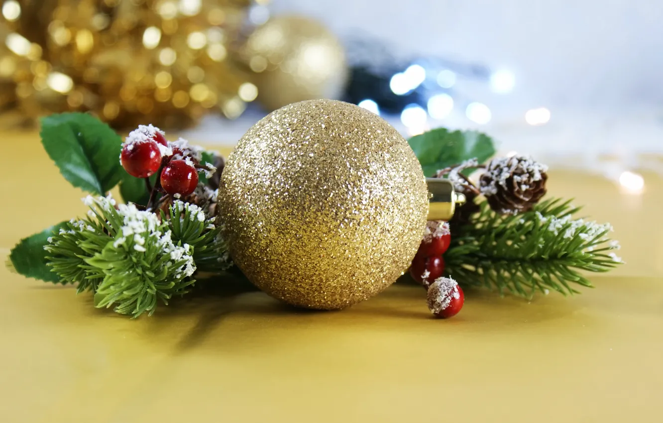Photo wallpaper berries, toy, new year, ball, spruce