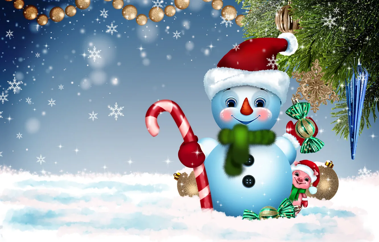 Photo wallpaper winter, background, holiday, new year, snowman, symbol of the year, postcard, pig
