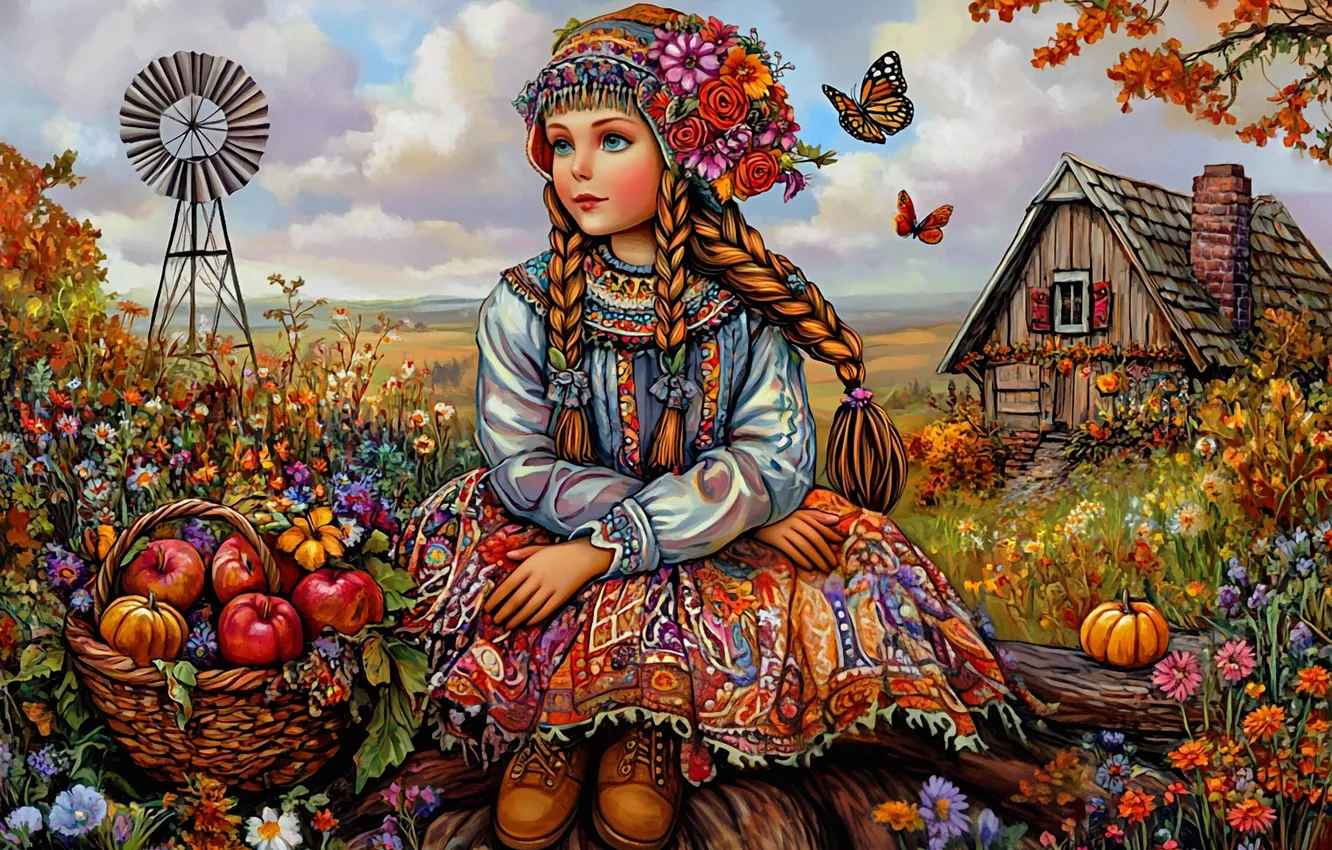 Photo wallpaper field, autumn, summer, clouds, flowers, branches, butterfly, apples