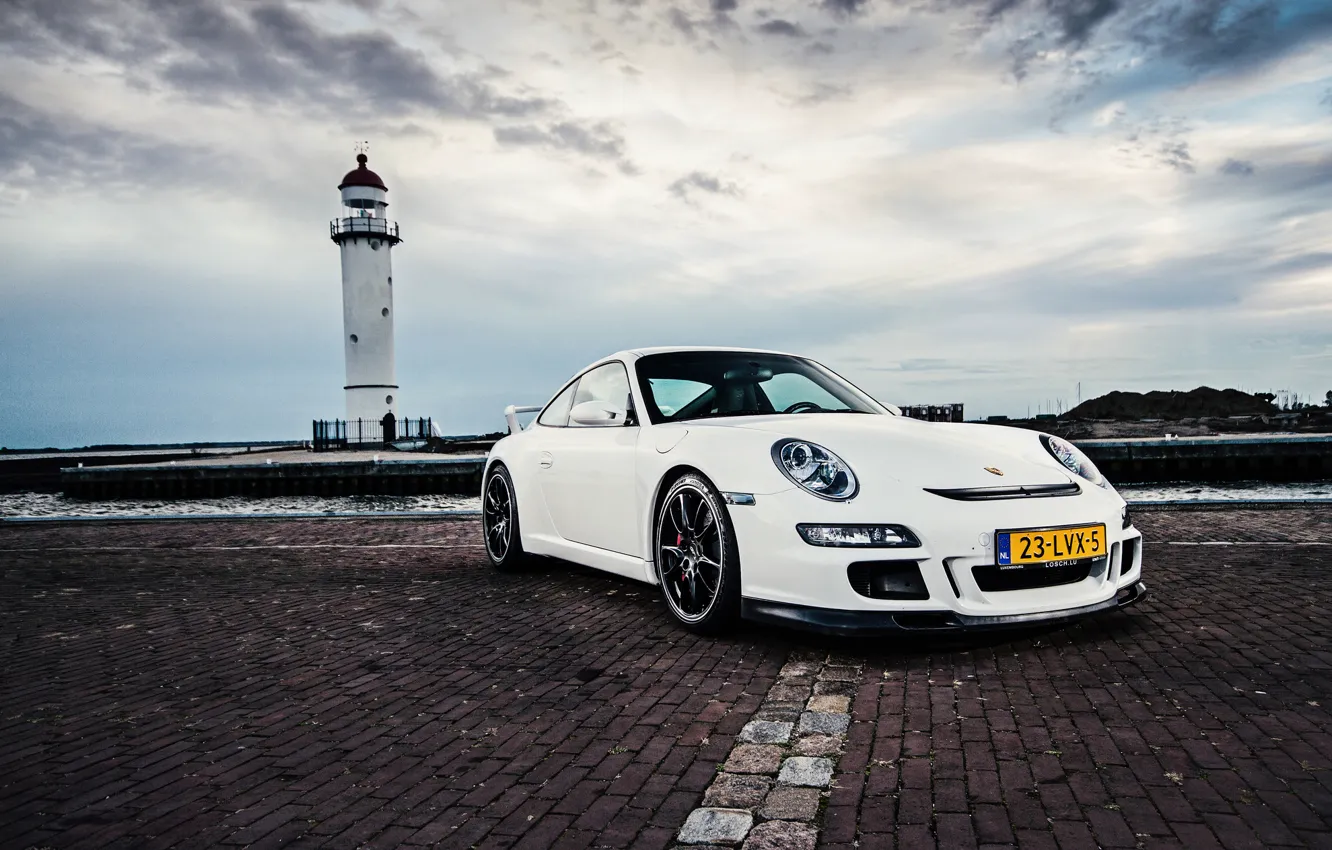 Photo wallpaper sea, white, the sky, lighthouse, 911, 997, Porsche, white