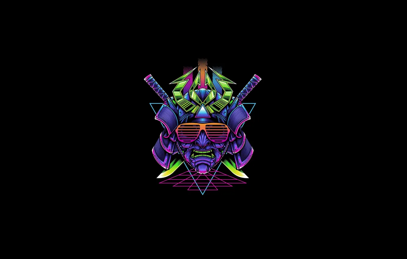 Photo wallpaper the dark background, minimalism, neon, mask, samurai, Neon, samurai, mask