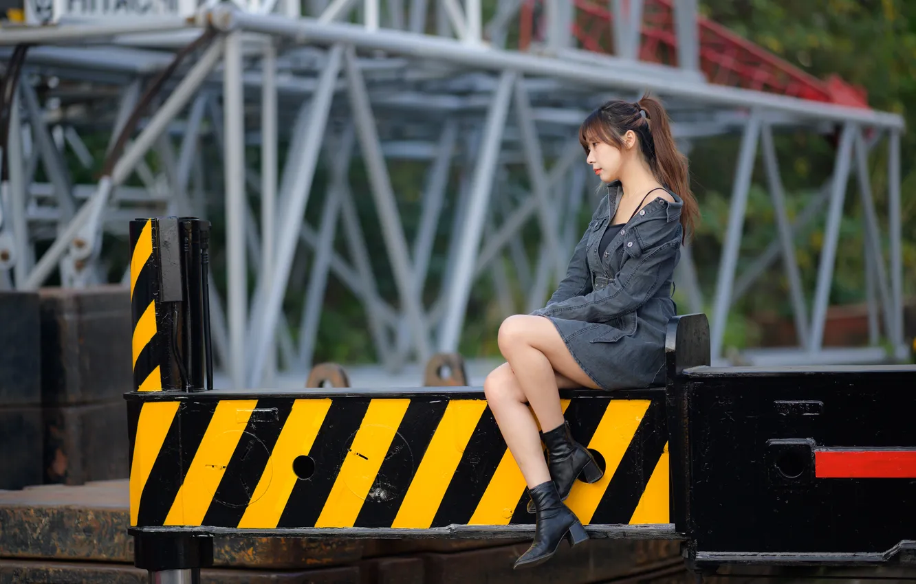 Photo wallpaper feet, boots, dress, Asian, sitting, side