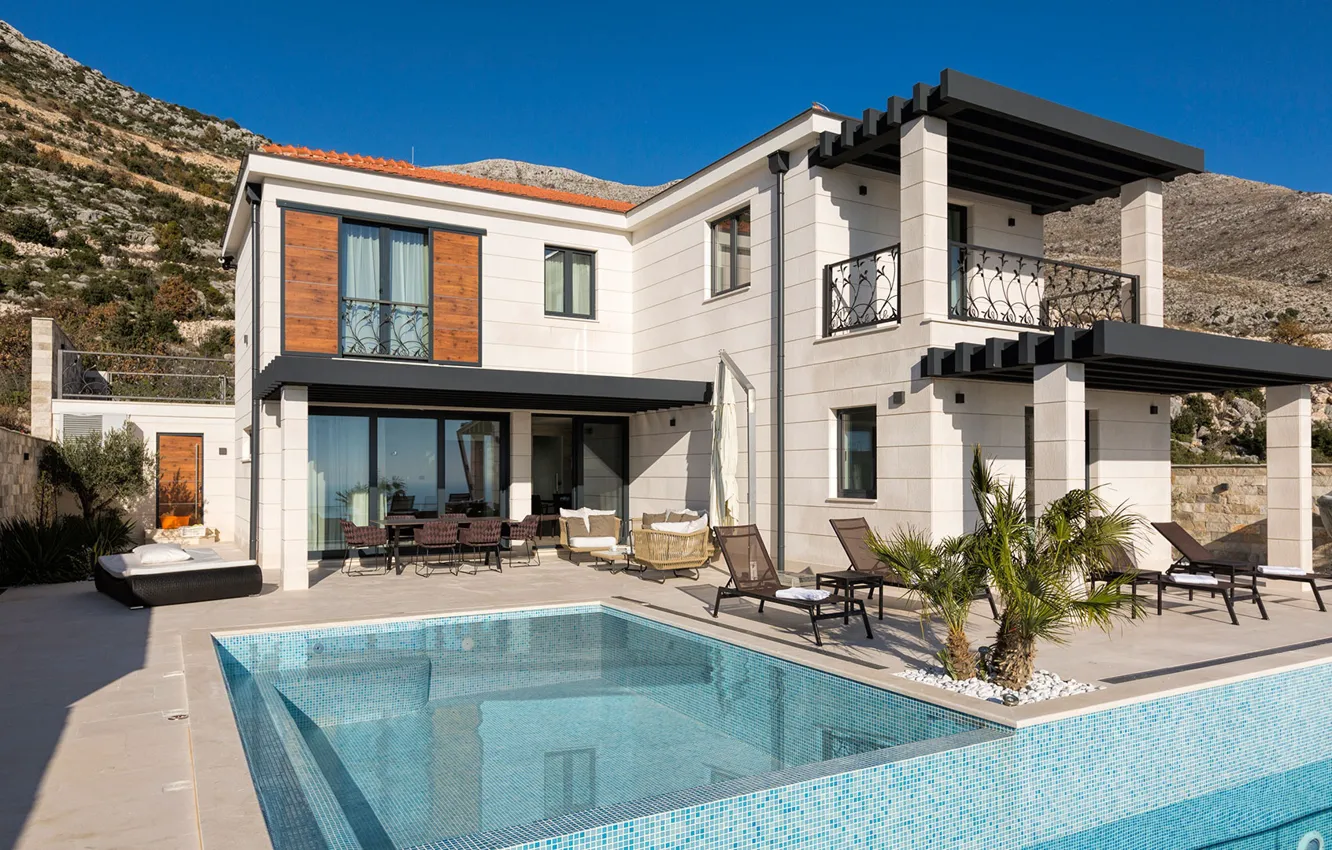 Photo wallpaper Villa, pool, terrace, Croatia, Dubrovnik, Villa Anna with pool near Dubrovnik, architecture