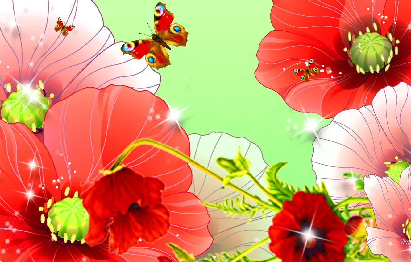 Photo wallpaper flowers, collage, butterfly, figure, Maki, vector