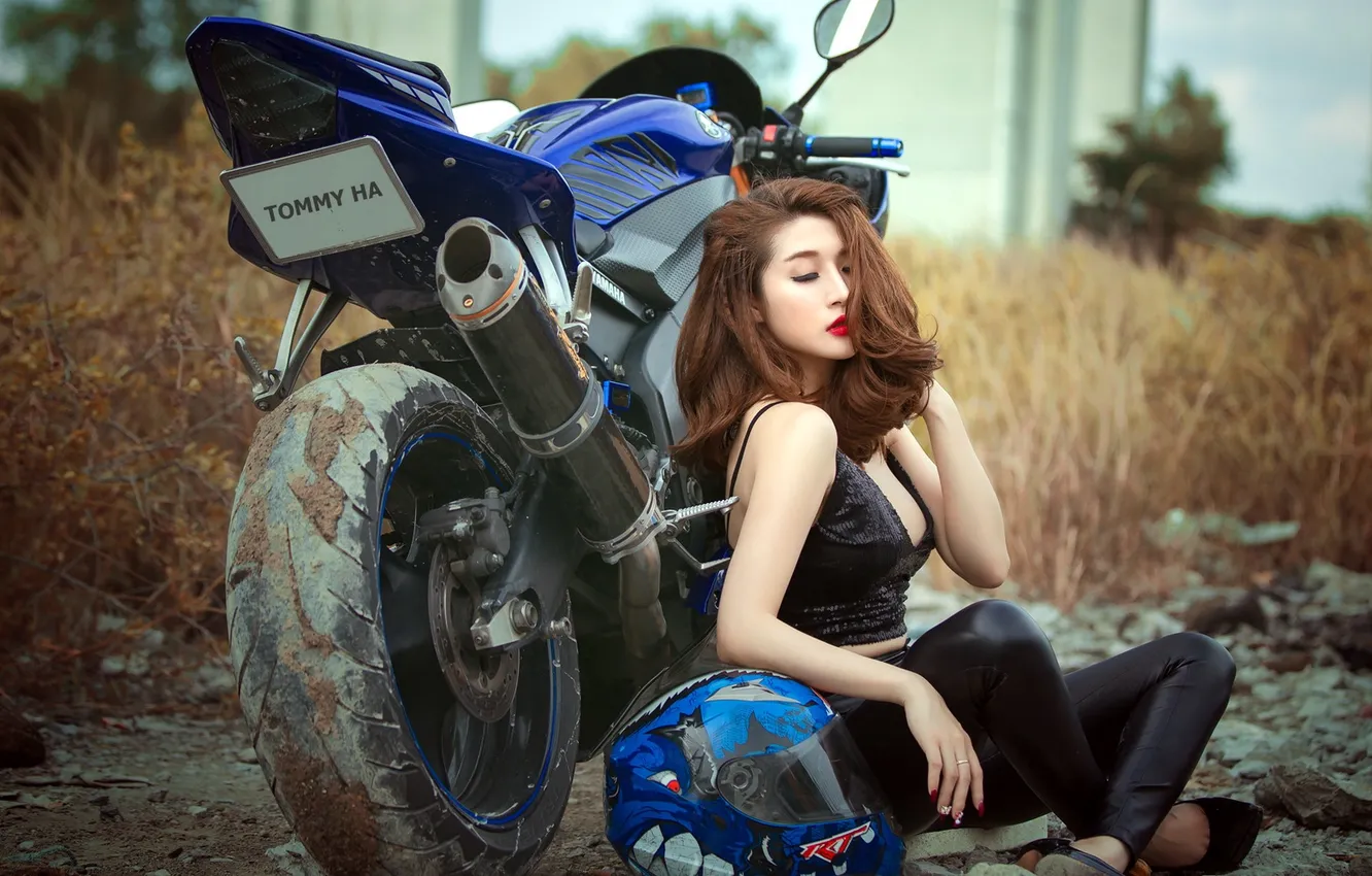 Photo wallpaper girl, background, motorcycle