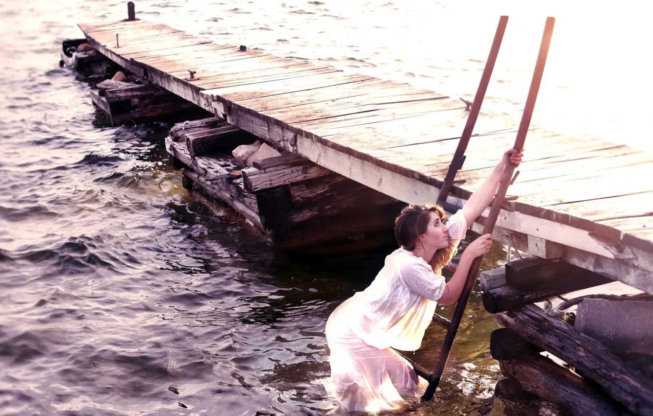 Photo wallpaper water, girl, bridge