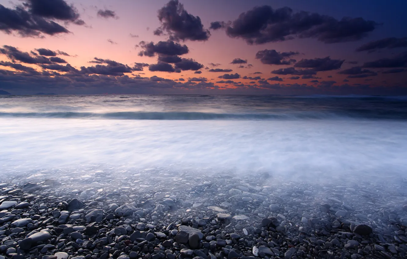 Photo wallpaper sea, the sky, clouds, stones, shore