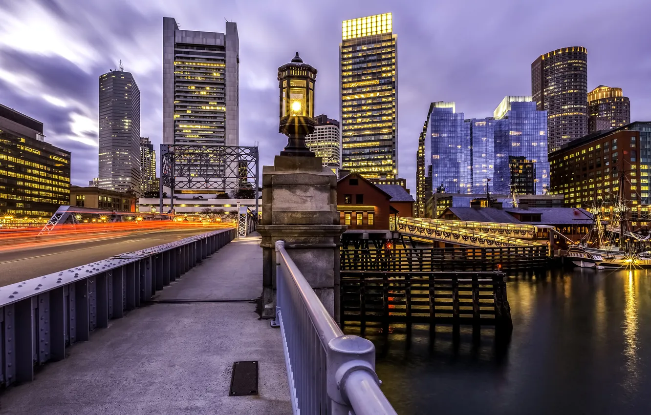 Photo wallpaper night, bridge, lights, river, USA, Boston, Massachusetts